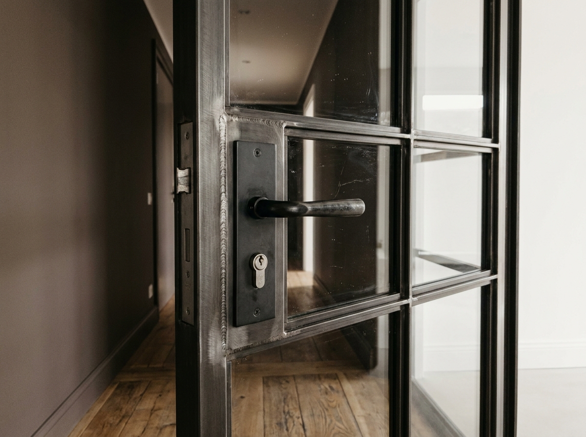 Détail de la poignée et du cadre en acier d'une porte verrière battante dans un couloir aux tons sombres