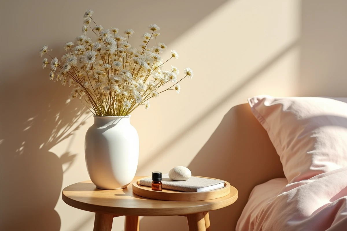 Détail table de chevet en bois naturel avec fleurs séchées, carnet et pierre lisse dans une chambre aux tons greige apaisants