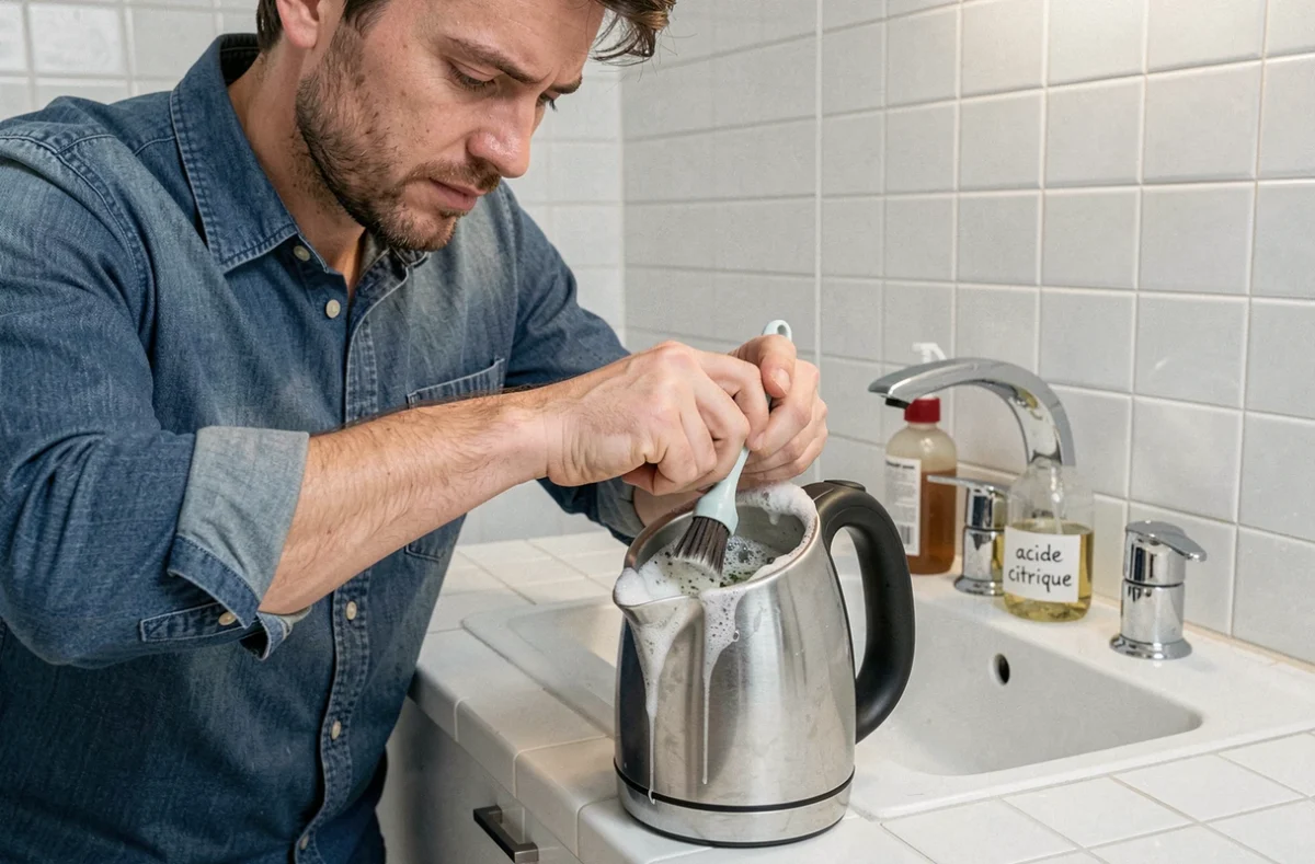 Homme utilisant une solution d'acide citrique pour détartrer l'intérieur d'une bouilloire électrique en acier inoxydable