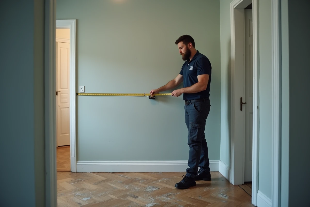 Diagnostiqueur immobilier mesurant la largeur d'une chambre vide avec un mètre ruban lors d'un diagnostic loi Carrez
