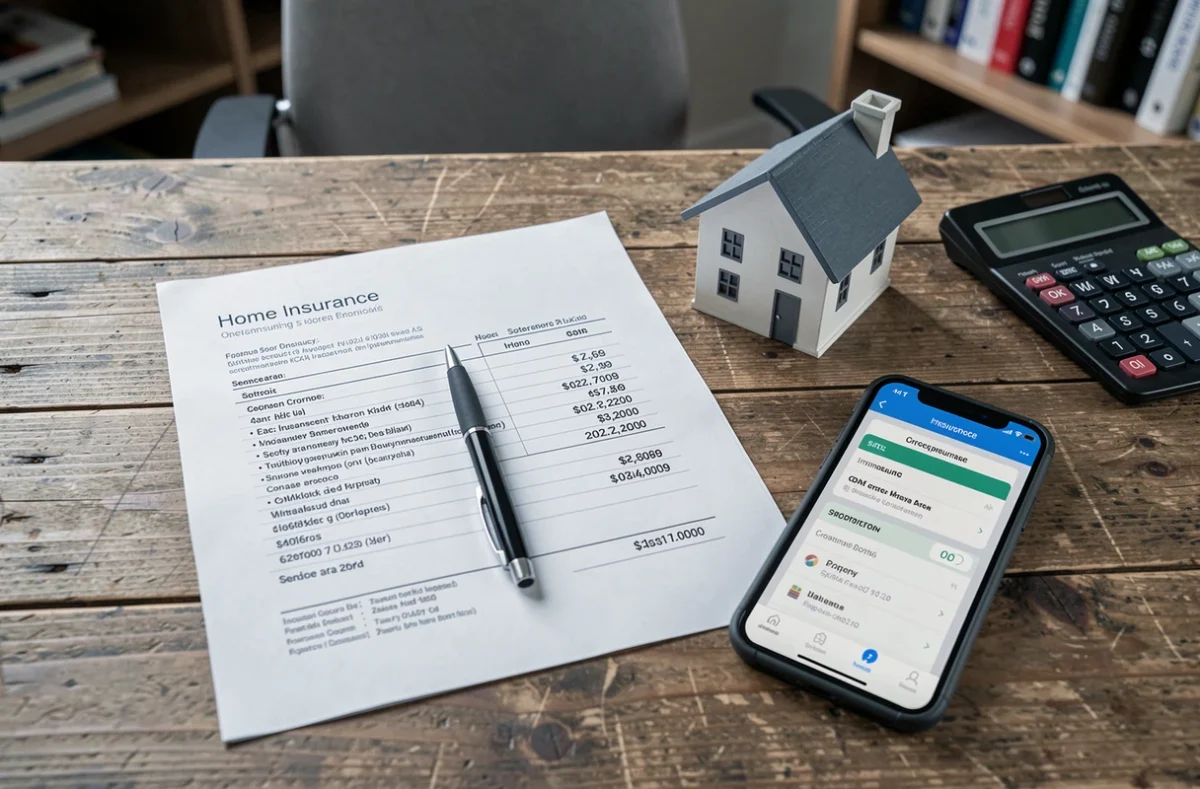 Vue aérienne de documents d'assurance habitation avec calcul de surface et maquette de maison sur un bureau