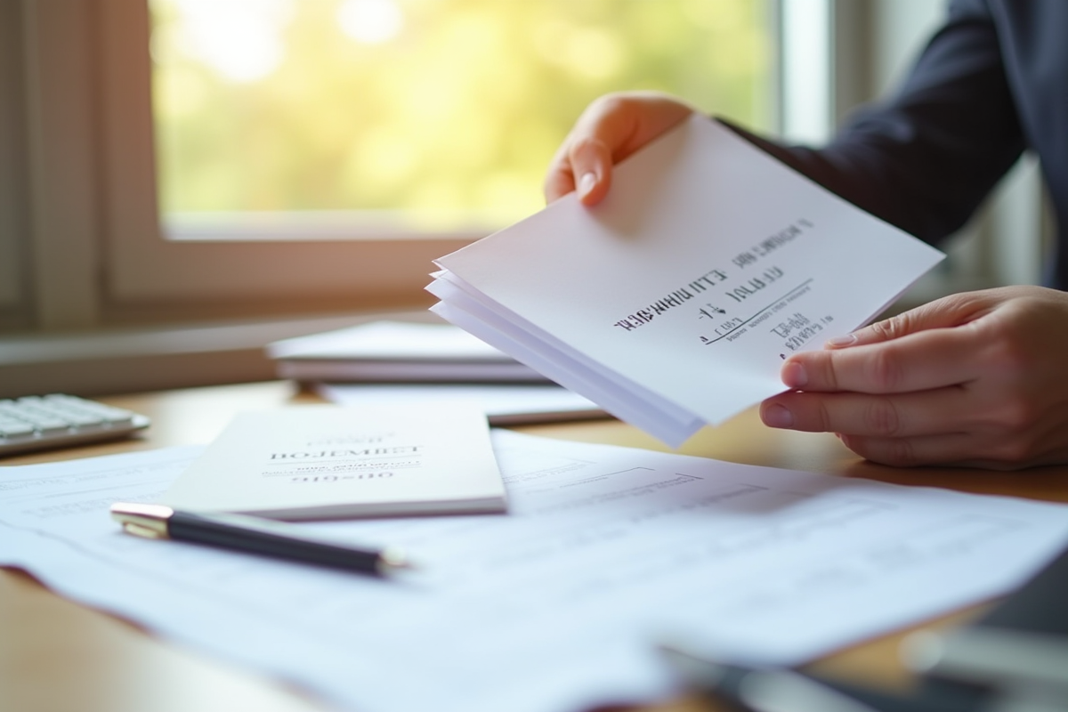 Main tenant un lot de papiers officiels et enveloppes sur un bureau lumineux