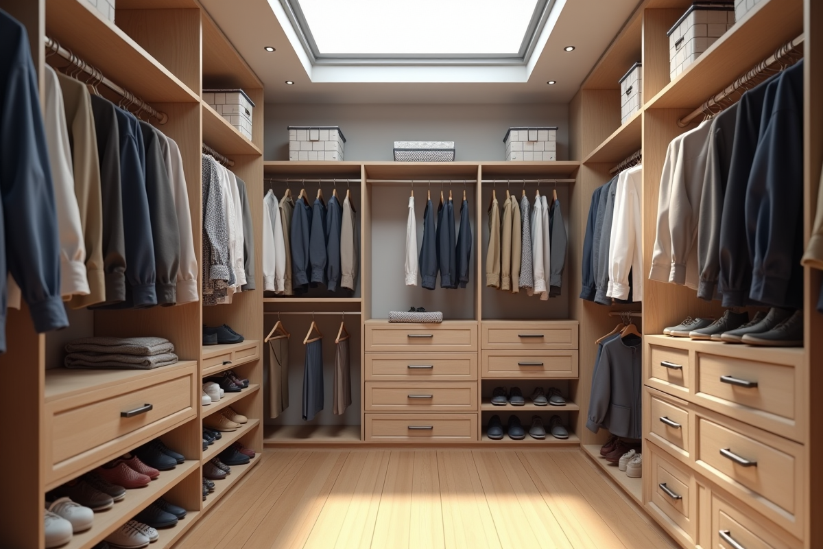 Dressing organisé avec rangements lumineux et espace optimisé
