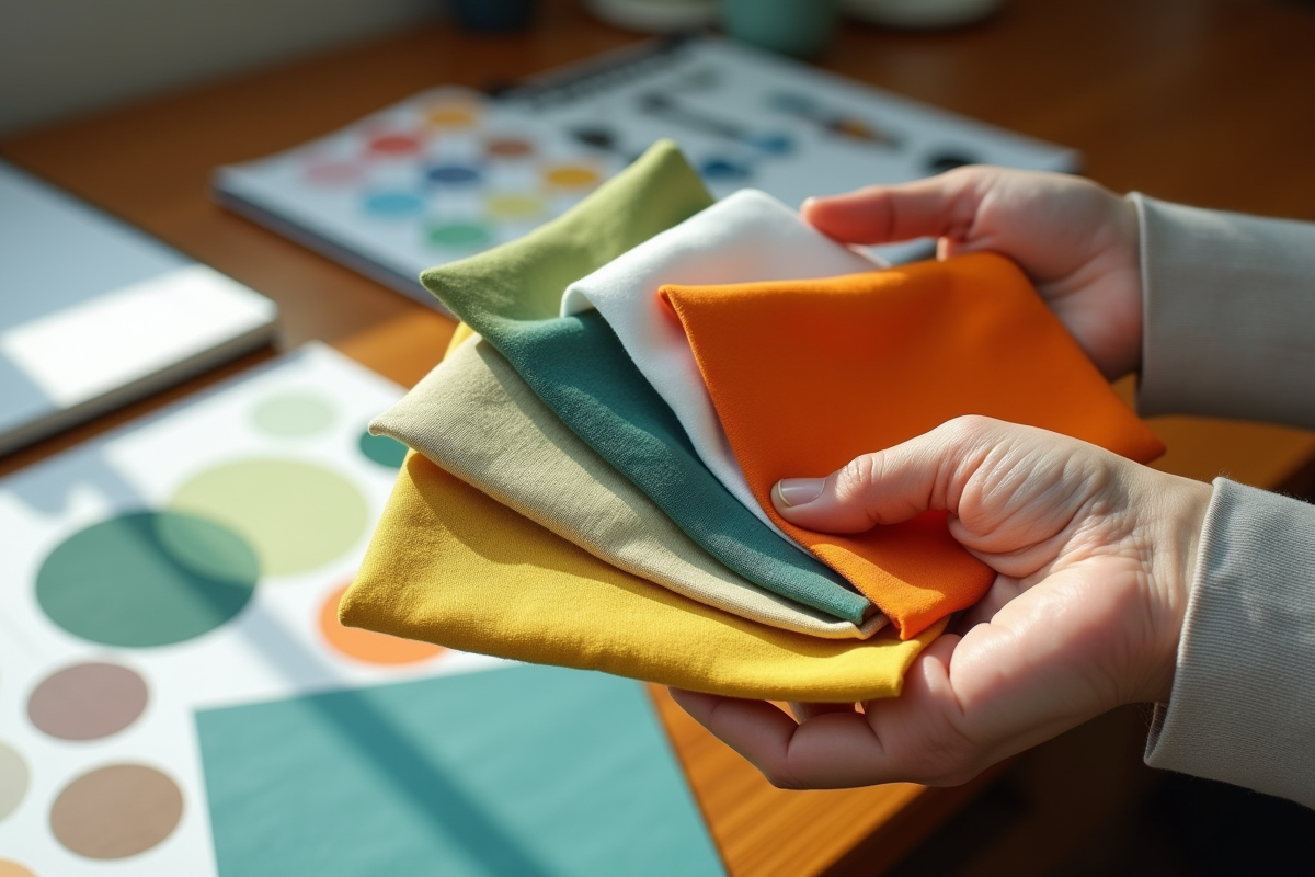 Main tenant des échantillons de tissus colorés sur une table en bois