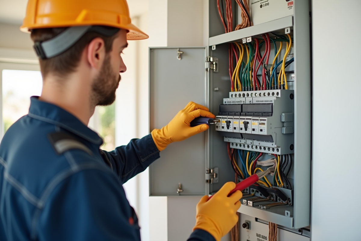 Électricien moderne installant un tableau électrique dans une maison rénovée