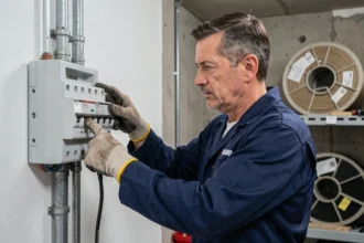 Électricien professionnel inspectant un tableau électrique résidentiel avec différentiels de type A et AC