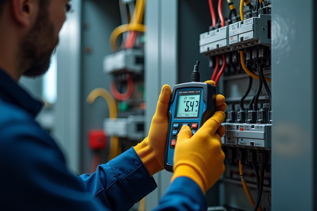Électricien utilisant un testeur numérique sur panneau électrique