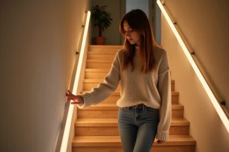 Femme en sweater touchant un escalier lumineux LED