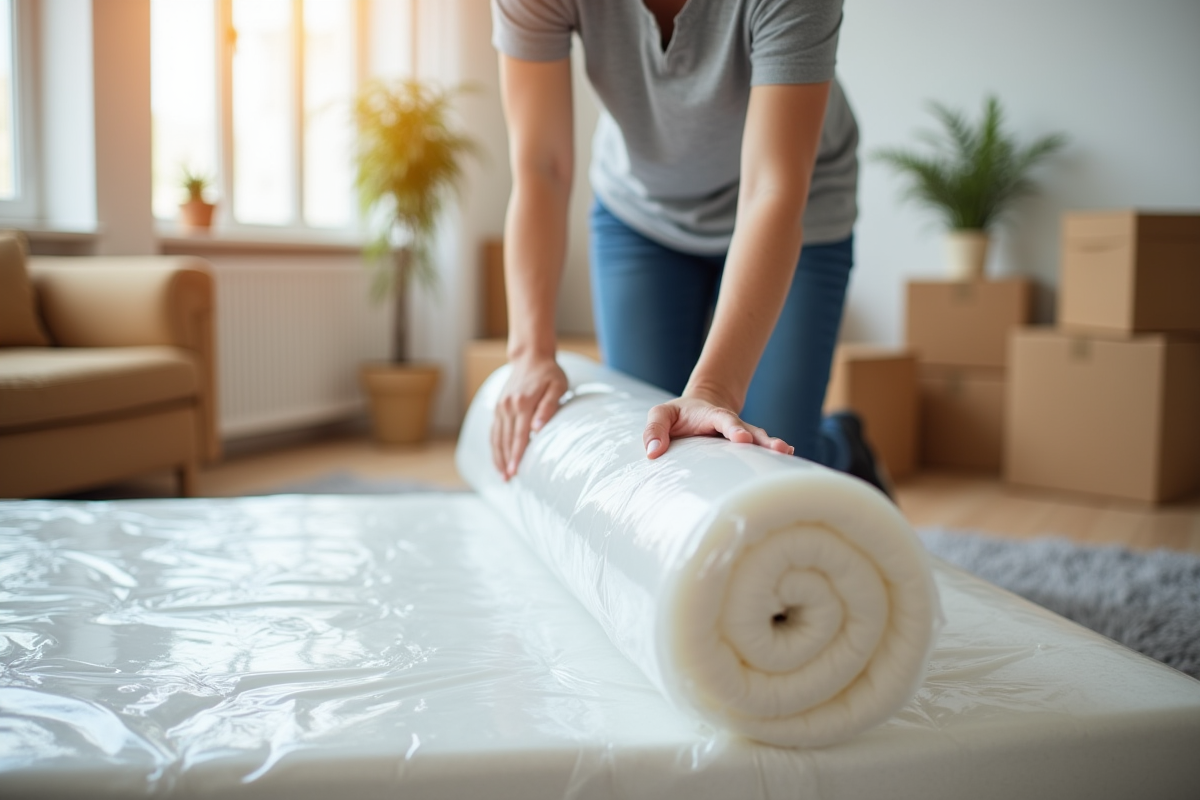 Personne emballant un matelas dans un film plastique dans un salon lumineux