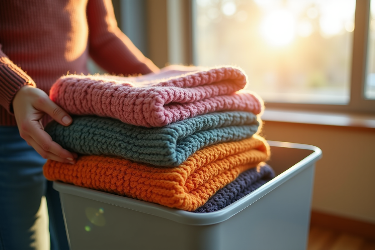 Mains empilant des pulls en tricot dans une boîte de rangement lumineuse