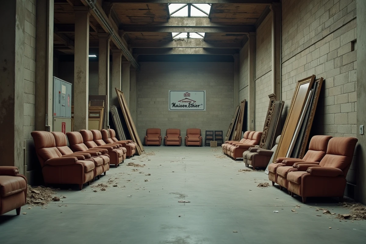 Entrepot de meubles abandonné avec débris et enseigne