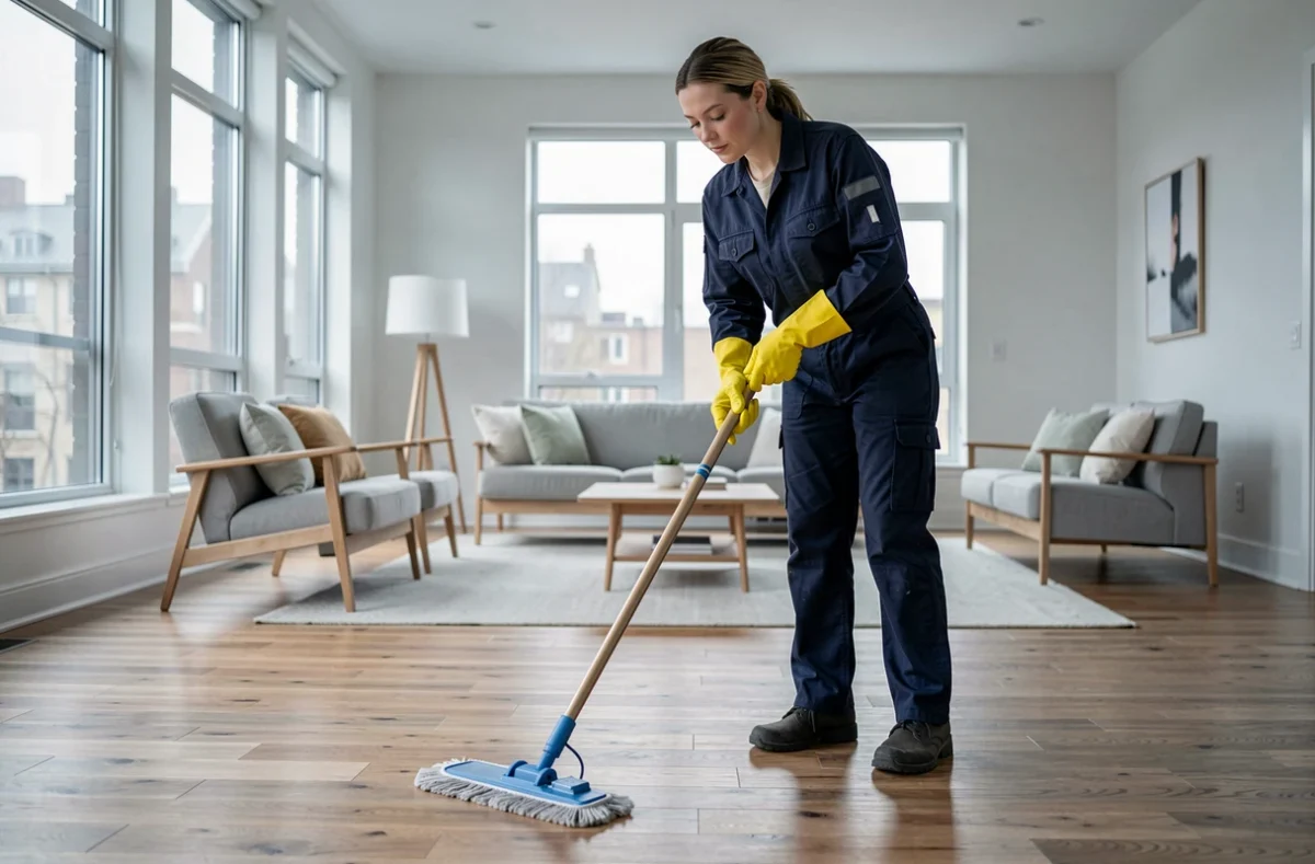 Préposée à l'entretien ménager lavant le plancher en bois franc d'un salon spacieux à Montréal