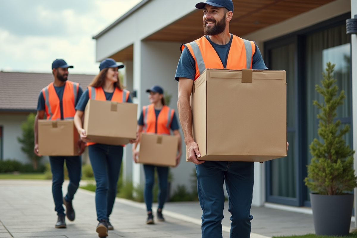 Équipe de déménagement professionnel en action avec cartons