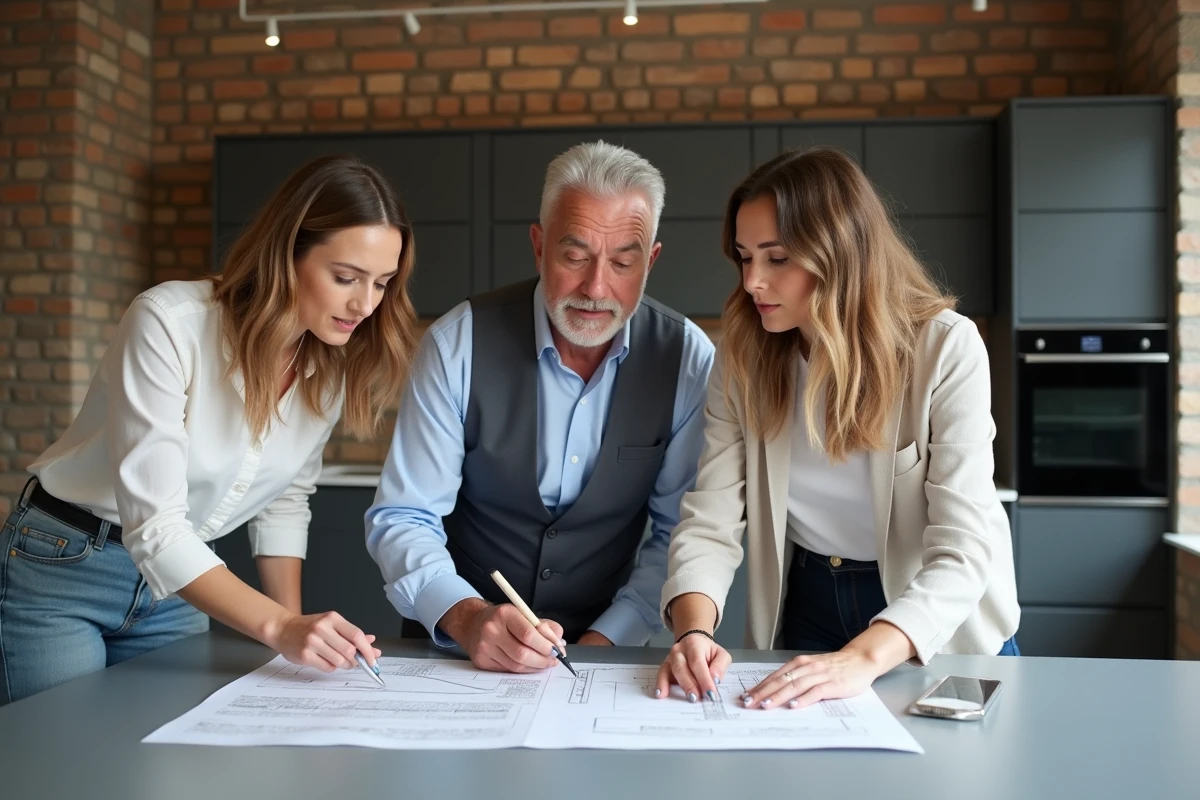 Groupe de professionnels discutant plans de renovation dans une cuisine