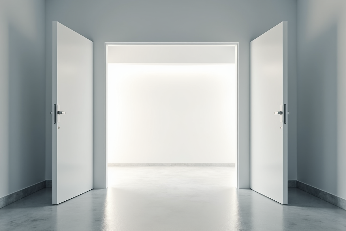 Espace de stockage vide de 10 mètres cubes avec portes ouvertes