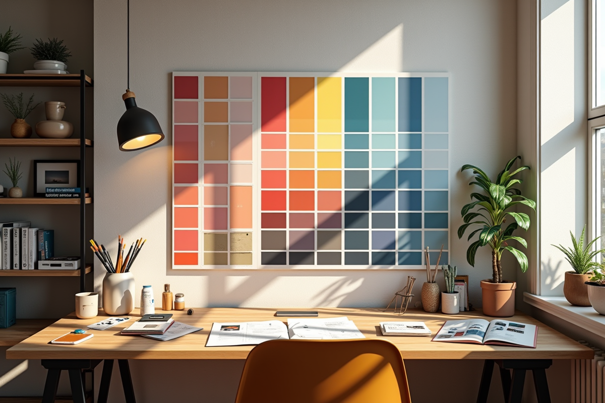 Espace de travail créatif avec mood board et couleurs Dulux 2025