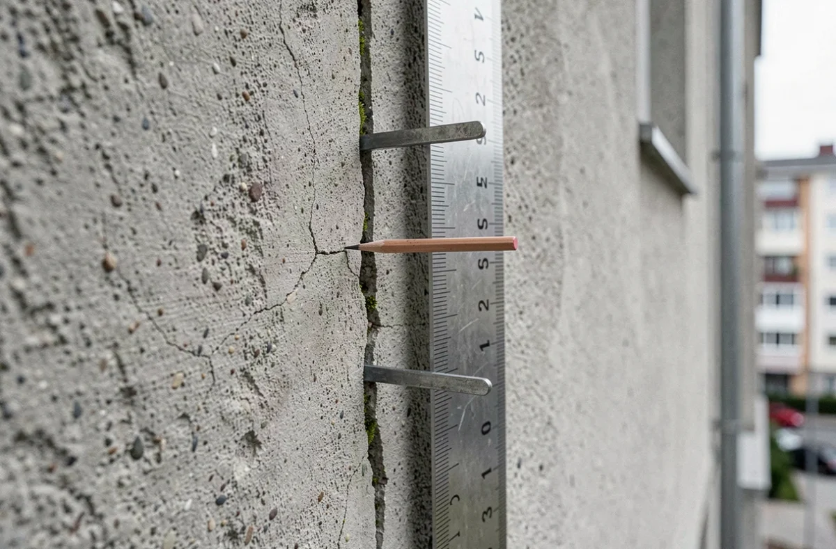 Gros plan sur des agrafes de fissure espacées sur un mur extérieur en béton avec une règle métallique pour mesurer l'intervalle idéal