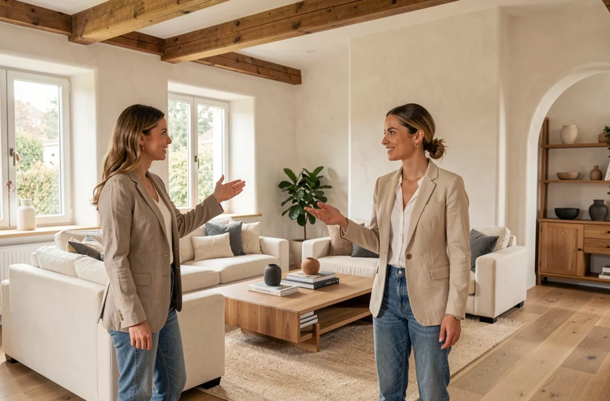 Designer d'intérieur de L'Éveil des Espaces présentant un espace de vie rénové avec poutres apparentes