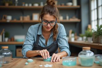 Femme examinant une pièce en résine dans un atelier organisé