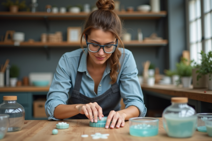 Femme examinant une pièce en résine dans un atelier organisé