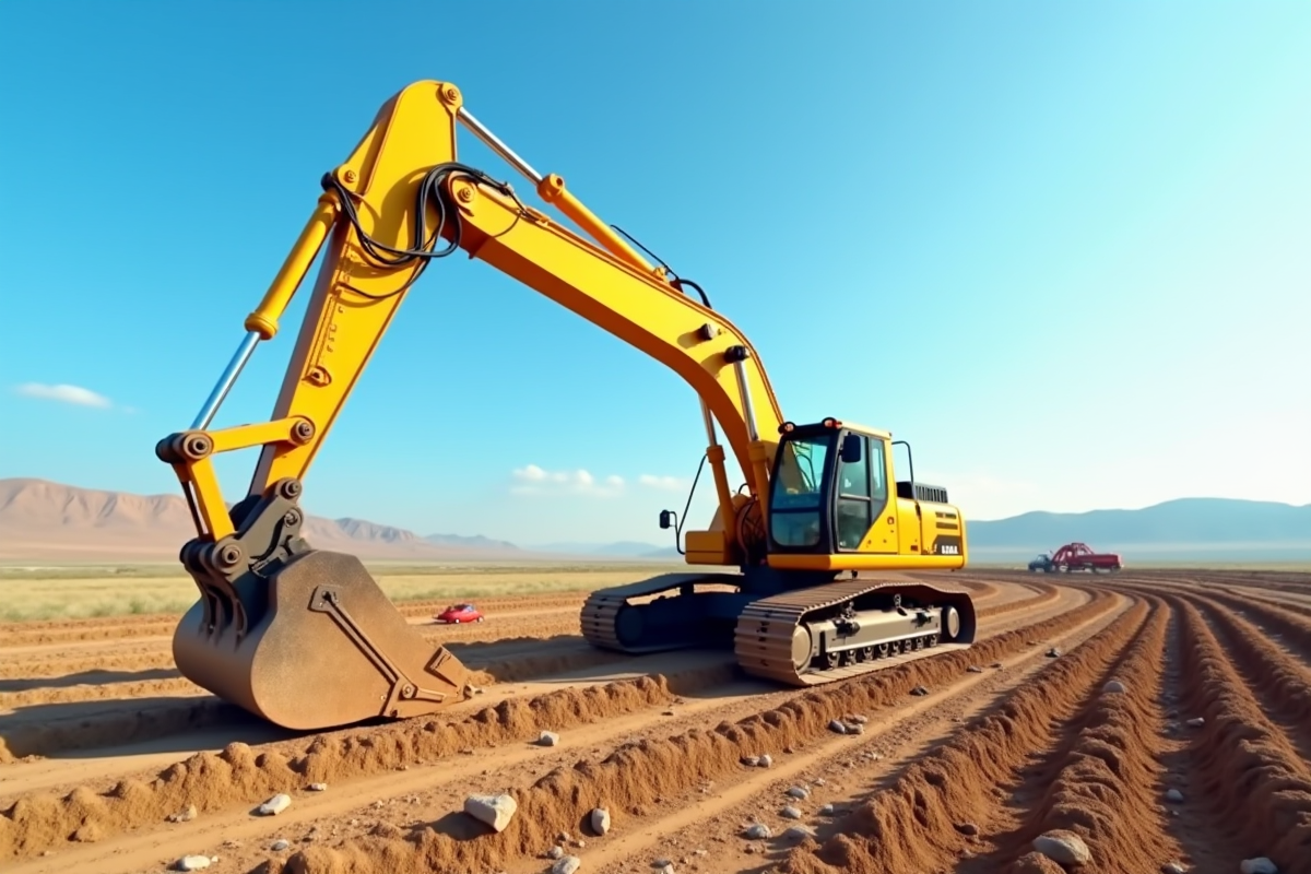 Excavatrice jaune en action sur un chantier en plein air