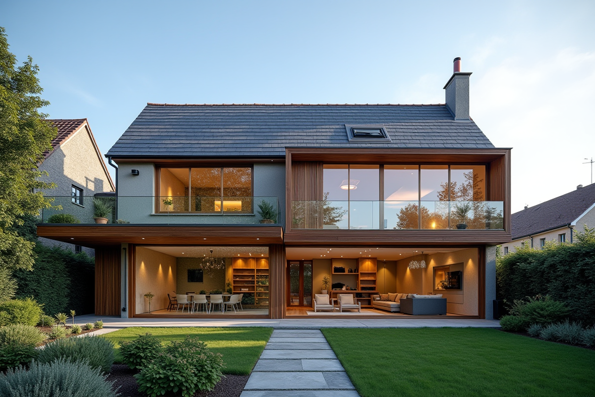Extension de maison contemporaine avec grandes fenêtres en jardin