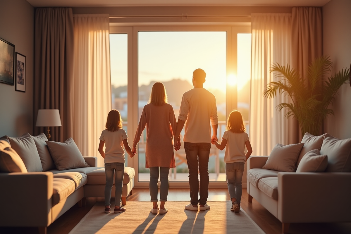 Famille dans un salon lumineux avec thermostat neuf et ambiance chaleureuse