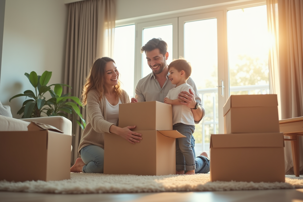 Famille heureuse déballant des cartons dans un salon lumineux