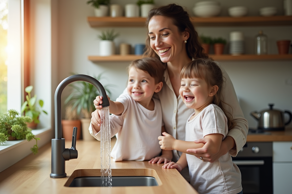 Famille souriante utilisant de l