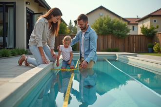 Famille souriante au bord de la piscine extérieure
