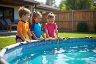 Famille en maillot près de la piscine dans le jardin