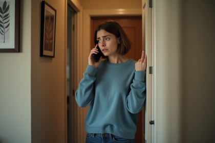Femme d'&acirc;ge moyen &eacute;coute au t&eacute;l&eacute;phone pr&egrave;s de la porte d'entr&eacute;e
