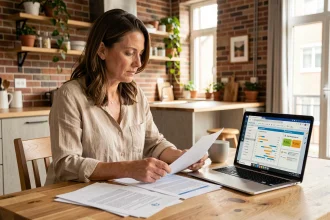 Femme consultant des documents d'assurance habitation sur une table en bois dans un appartement moderne