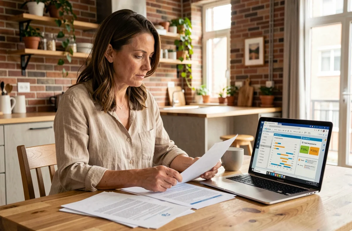 Femme consultant des documents d'assurance habitation sur une table en bois dans un appartement moderne