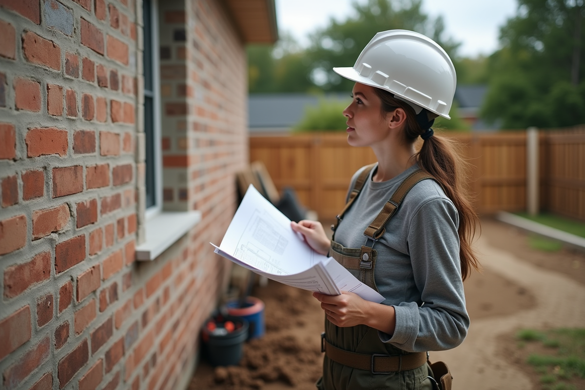 Jeune femme regardant la fondation en briques dans le jardin