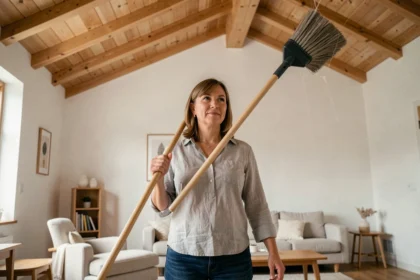 Femme utilisant un balai plafond à long manche dans un salon aux poutres apparentes