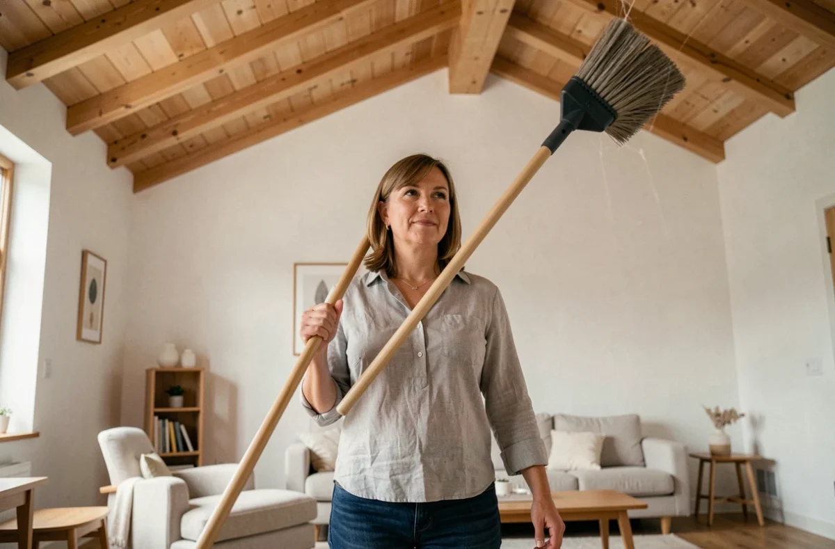 Femme utilisant un balai plafond à long manche dans un salon aux poutres apparentes