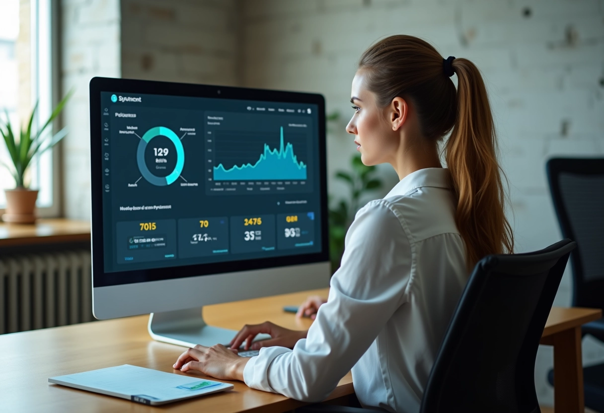 Jeune femme examinant un tableau de bord électronique sur son ordinateur