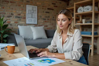 Femme concentr&eacute;e sur son budget r&eacute;novation dans un bureau lumineux