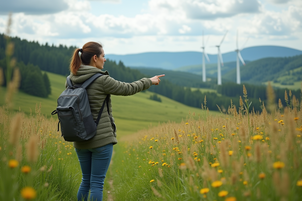 Femme en plein air pointant vers des éoliennes dans un paysage rural