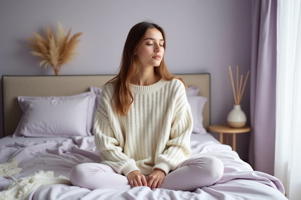 Femme détendue assise sur un lit dans une chambre aux tons lavande gris doux, ambiance zen et reposante