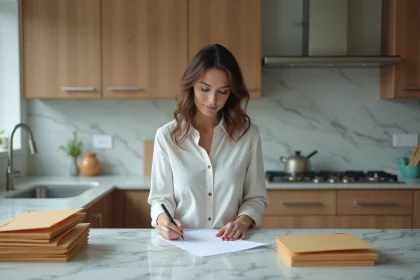 Femme en cuisine change d'adresse avec calme