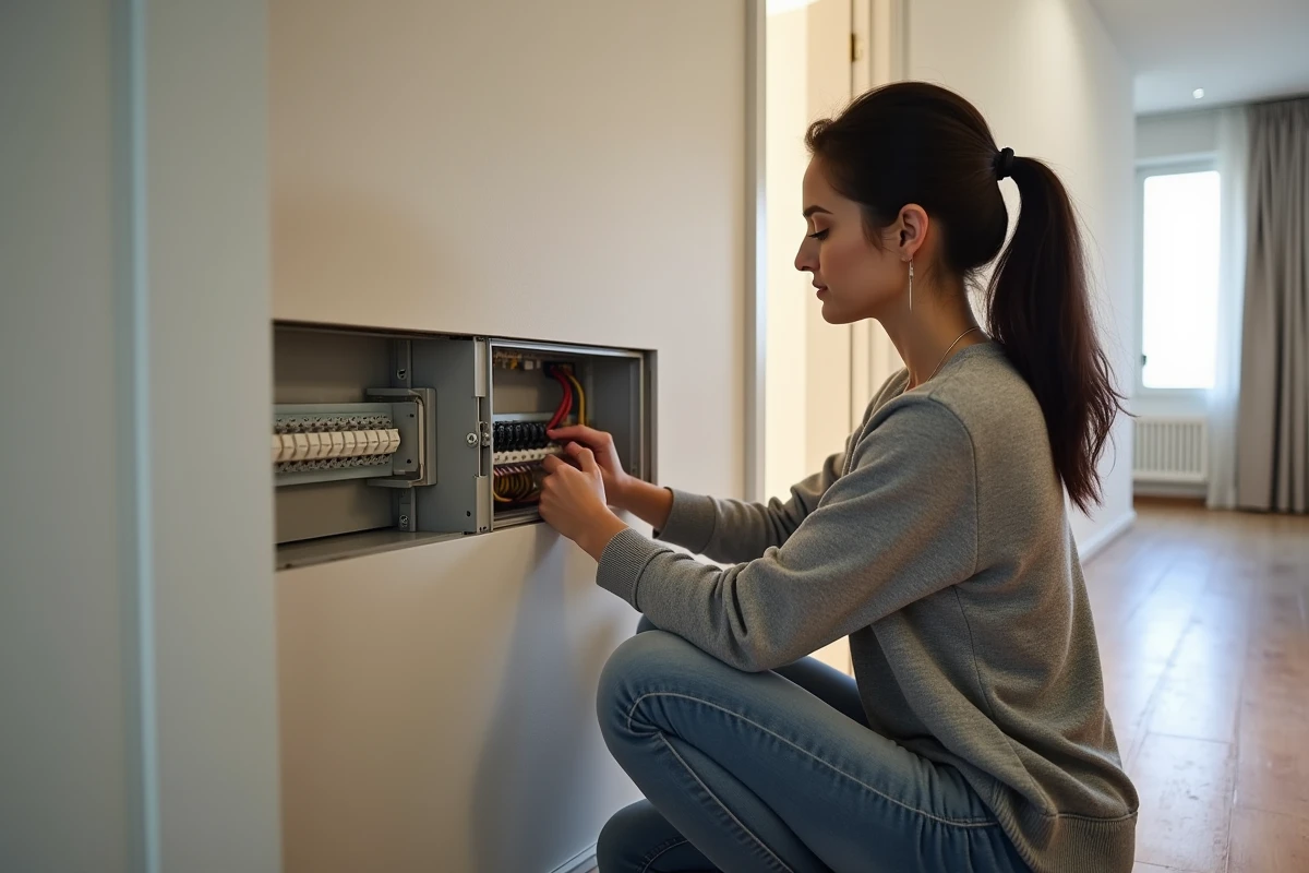 Jeune femme inspectant un coffret &eacute;lectrique encastr&eacute; dans un couloir
