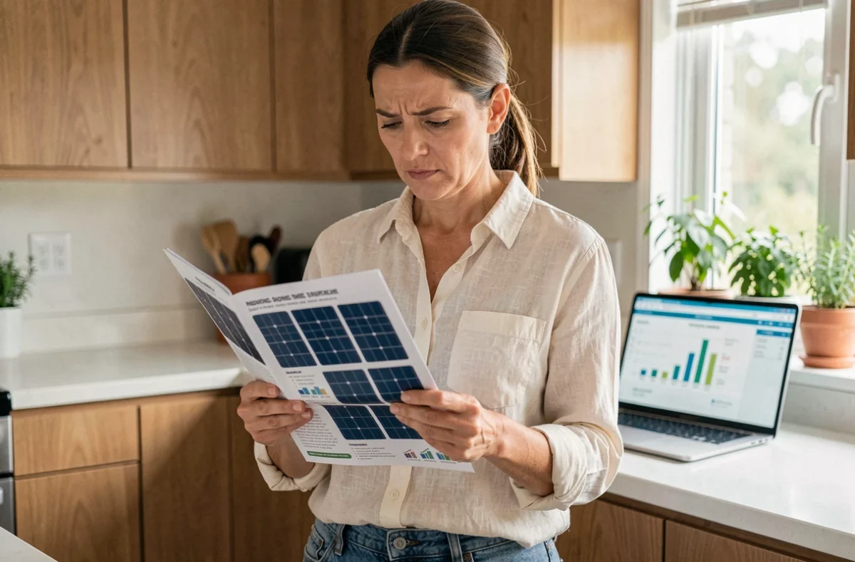 Femme comparant des brochures de panneaux solaires dans une cuisine moderne pour choisir selon son budget