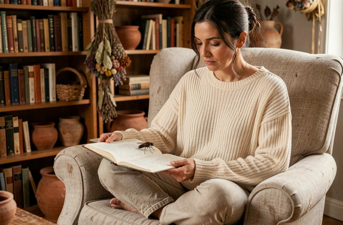 Femme contemplative observant une mouche sur son journal intime dans un salon bohème, en lien avec la spiritualité et les cycles karmiques