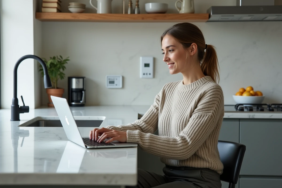 Jeune femme vérifiant une interface domotique sur son ordinateur dans la cuisine