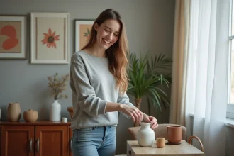 Jeune femme arrangeant une deco minimaliste dans son appartement