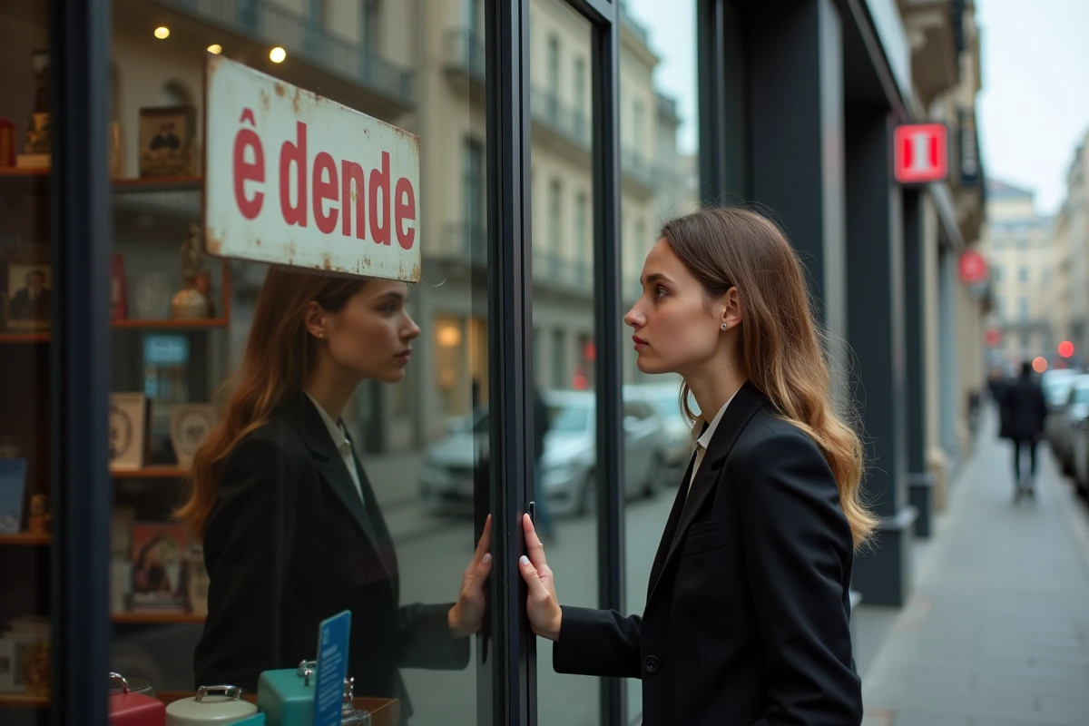 Jeune femme regardant un magasin à vendre