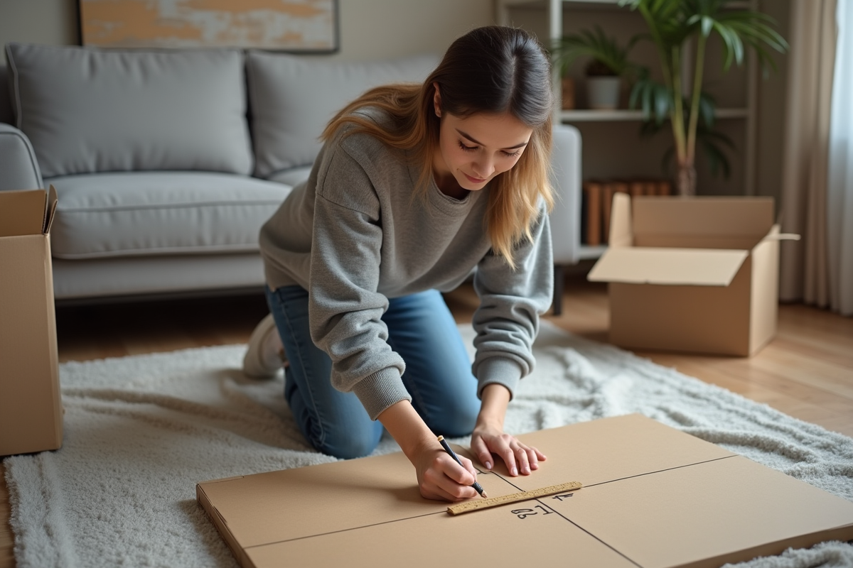Jeune femme marquant des dimensions sur un carton