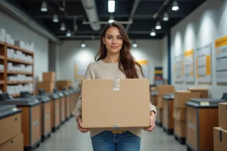 Femme dans un centre d'expedition avec carton